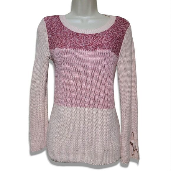 LOFT Sweater Pink Colorblock Ribbed Scoop Neck Long Sleeve Cuff Ties Sweater - Picture 7 of 7